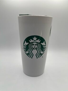 Starbucks White Ceramic Travel Cup with Green Lid Accent